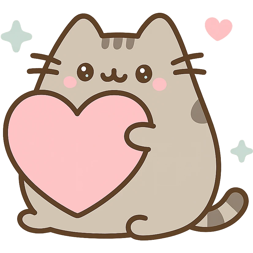 Pusheen hugging a big heart, pastel pinks and blues, super adorable, kawaii style emoji