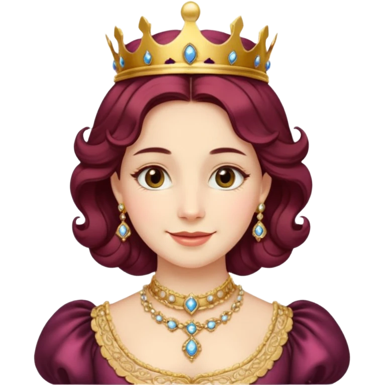 A younger Victorian queen with rosy cheeks, ornate jewelry, and gentle smile.
 emoji