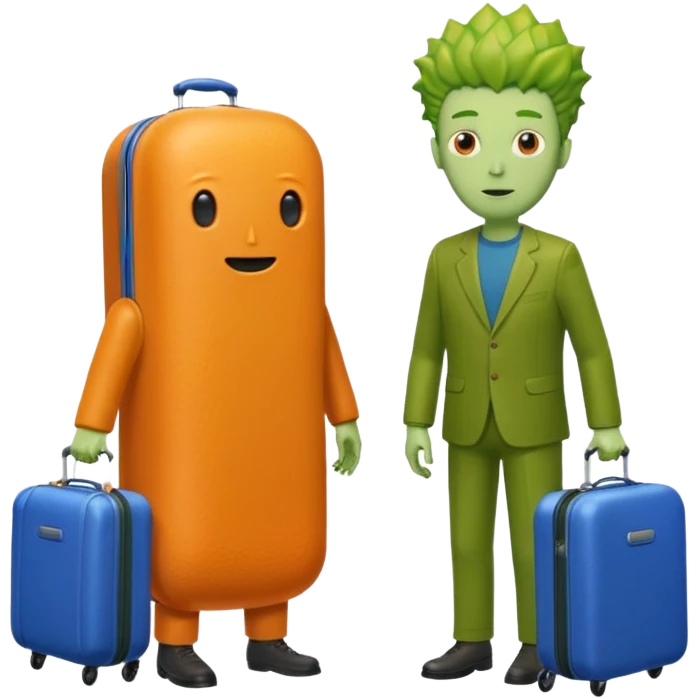 Orange goy man with a pickle head and a dude next to him with a blue suitcase and he’s green with alien hair emoji