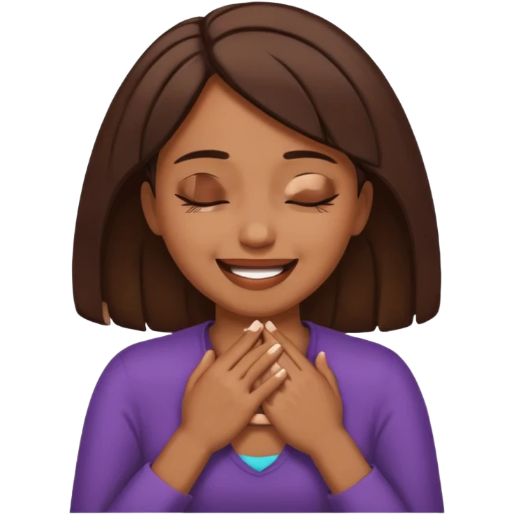 Brown skinned woman choking herself with her hands but with a closed eyed smile  emoji