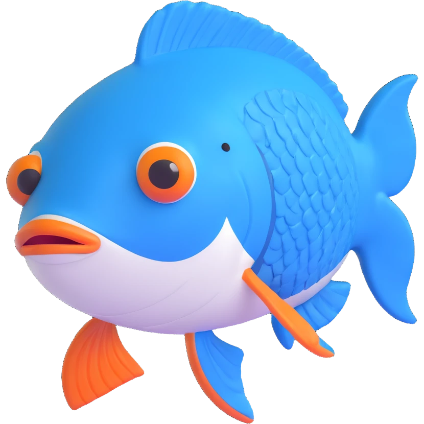 blue fish with visible scale texture, facing forward, cheerful and friendly expression, wearing a white cap with the Pescadería Buenos Aires logo perfectly centered emoji