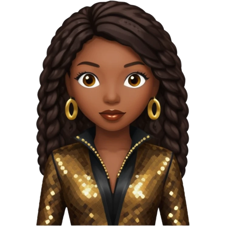 Brandy Norwood with long dark brown hair, dark brown sequin outfit emoji