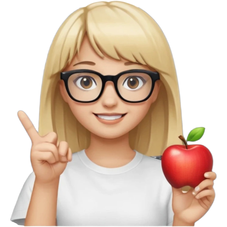 smiling girl with blonde hair, bangs, and brown eyes, wearing black square glasses and a white oversized T-shirt, pointing her finger up to the right, Apple emoji style emoji