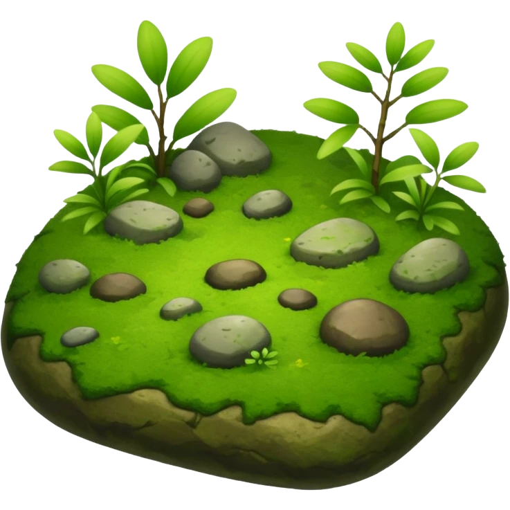 A patch of bright moss covering smooth forest stones with wild plants emoji