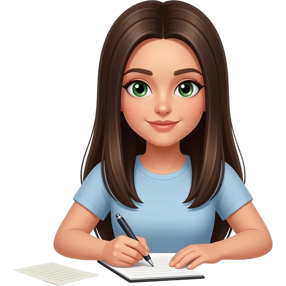 a brunette with long straight hair with green eyes writing down notes with a lot of pieces of paper around her scattered everywhere emoji