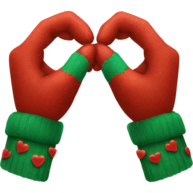 Two hands making a heart and wearing Christmas gloves emoji