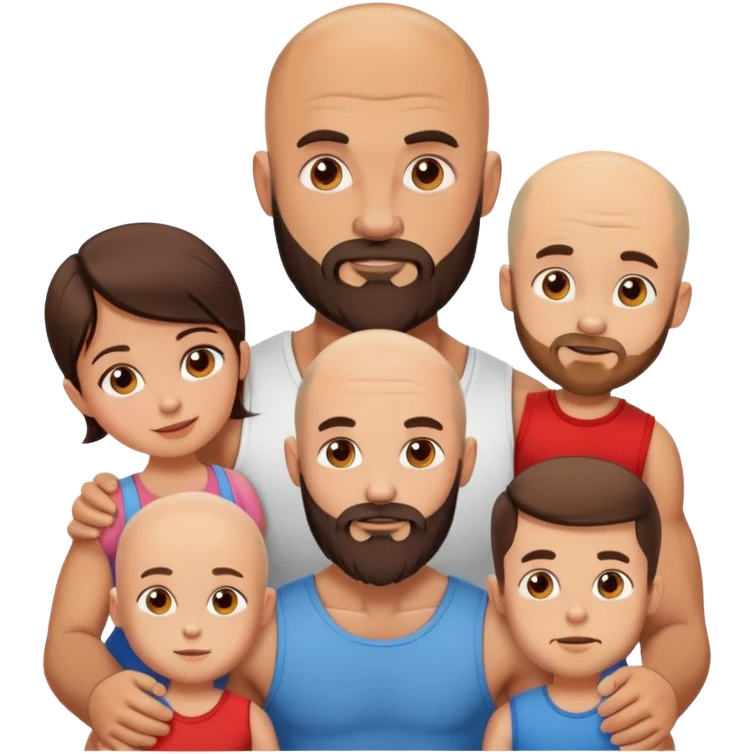 Muscular Bald man with a beard crazy in love with his young brunette wife and 3 sons emoji