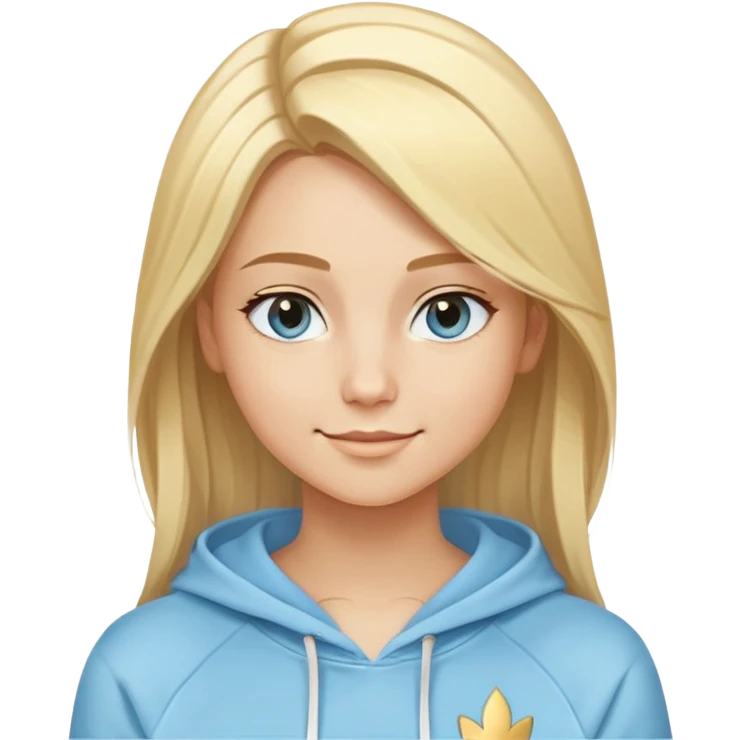 Woman with blonde straight hair and side part, serene smile, dreamy eyes, wearing a light blue fantasy-sporty hoodie with golden and white details emoji