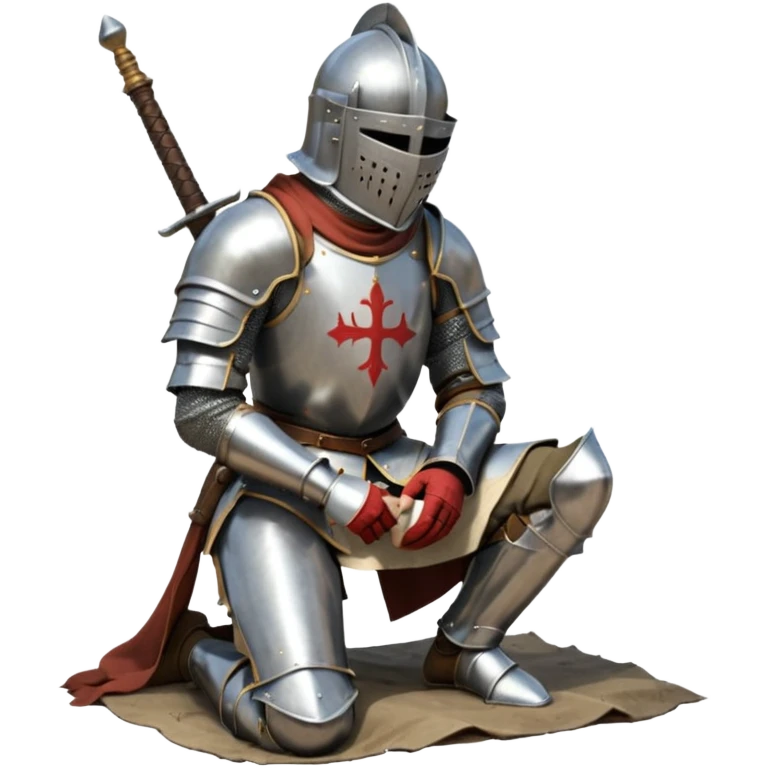 A lone medieval knight in plate, worn armor kneels. His helmet is closed, hiding his face, conveying silence, exhaustion and contemplation. A long sword is planted in the ground beside him, its hilt resting near his gloved hands as if he is praying or resting after battle. emoji