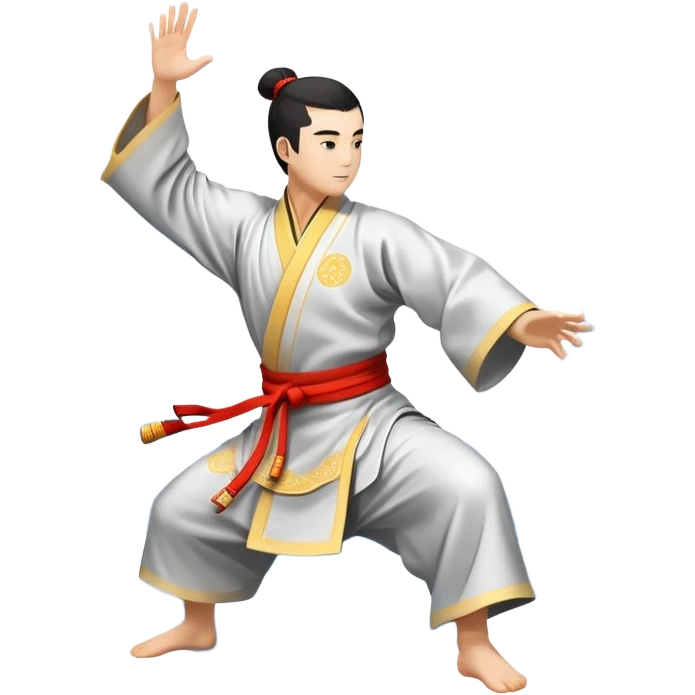 Emblem symbolizing Wushu martial arts. A graceful martial artist performs a dynamic kung fu pose, with flowing movements and a long, elegant robe. The background features stylized clouds and traditional Chinese symbols, representing fluidity, balance, and precision. Transparent background. emoji