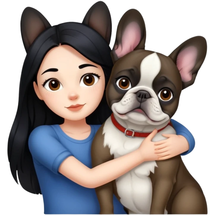 A beautiful girl with long black hair hugs a French bulldog emoji