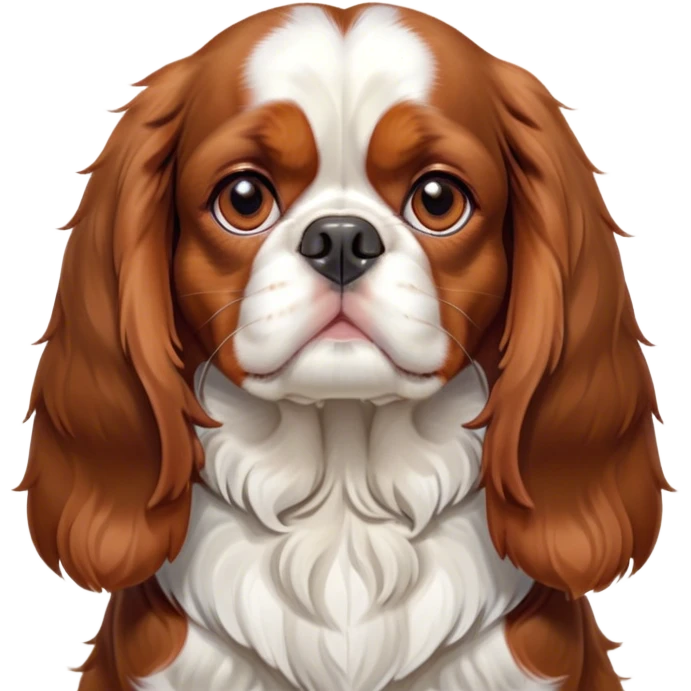 Cinematic Grumpy Blenheim Cavalier King Charles Spaniel Portrait Emoji, Head tilted slightly with a deeply unimpressed expression, thick Blenheim coat with pronounced chestnut and white markings, large, droopy brown eyes narrowed into an unamused glare, ears slightly drooping in exasperation, Simplified yet comically expressive features, highly detailed, glowing with a dry, sarcastic glow, high shine, effortlessly judgmental yet dignified, stylized with a touch of cynicism, bright but brooding, soft glowing outline, capturing the essence of an eternally unimpressed yet endearing companion, so lifelike it feels like it could sigh heavily at you in disdain at any moment! emoji