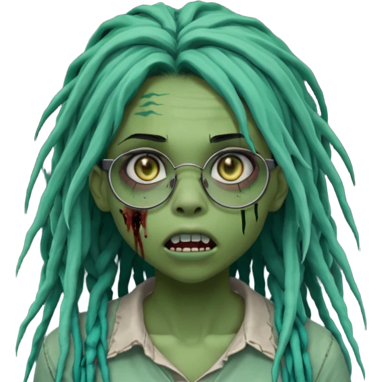 One teen female green-skinned, zombie super pretty with glasses, with ombre black roots & teal tips long dreadlocks and a side bang of her locs that fall over the right eye and a worried expression like with the mouth open, teeth showing, and the jaw uneven. with a small wound near its mouth. emoji