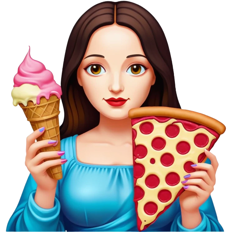 pop art neon Monalisa holding Melted spam meat ice cream pizza slice emoji