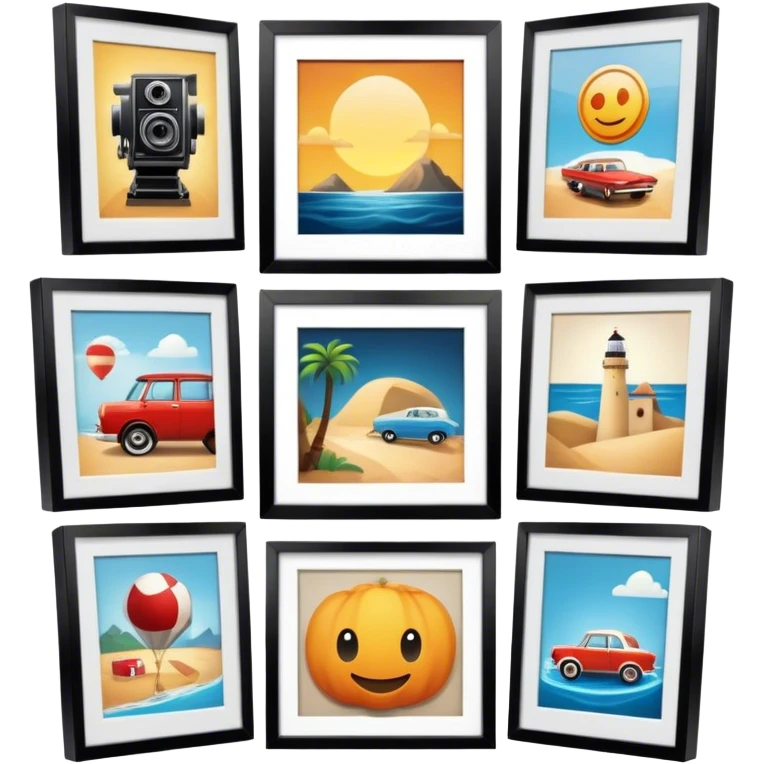 Icon for Photograph and Poster Collecting: a collection of photographs and movie posters, neatly displayed on a wall or in frames. The icon should evoke the nostalgia and artistic value of collecting rare images and posters. Transparent background. emoji