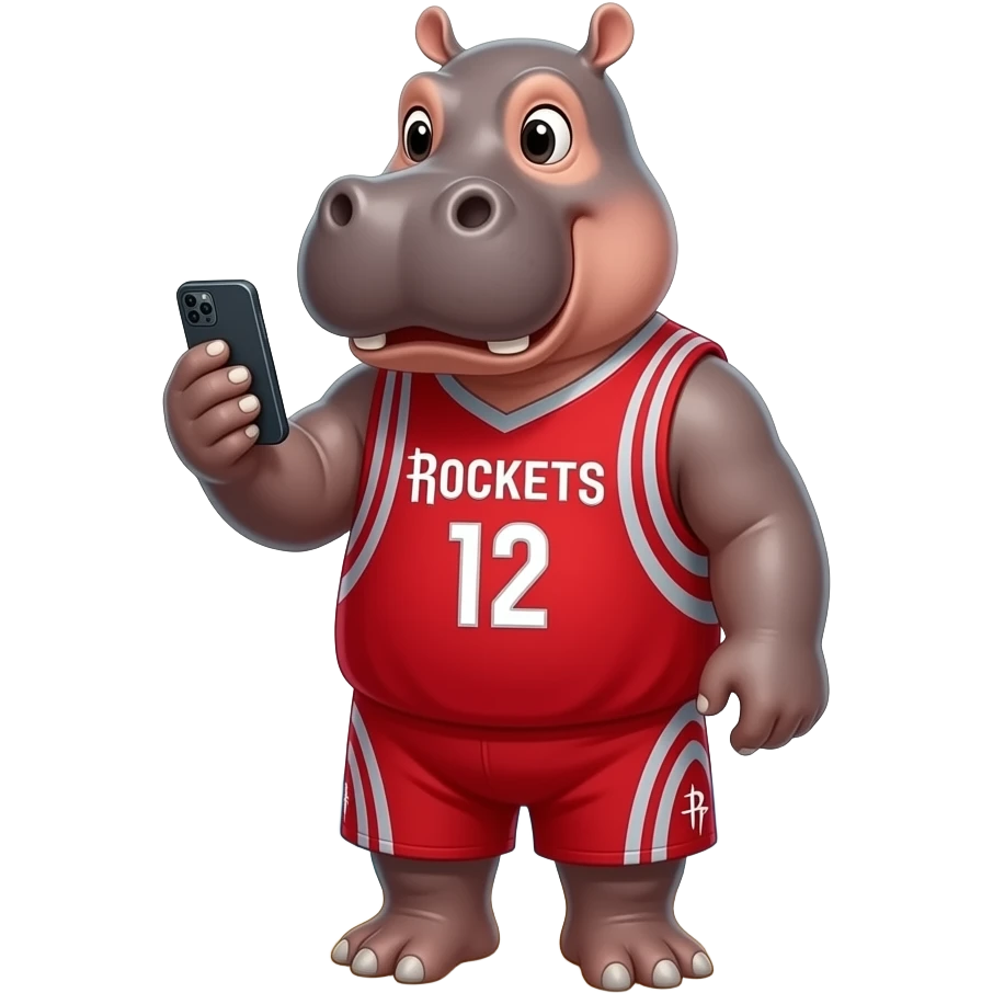 hippopotamus wearing rockets jersey playing cellphone in beach emoji