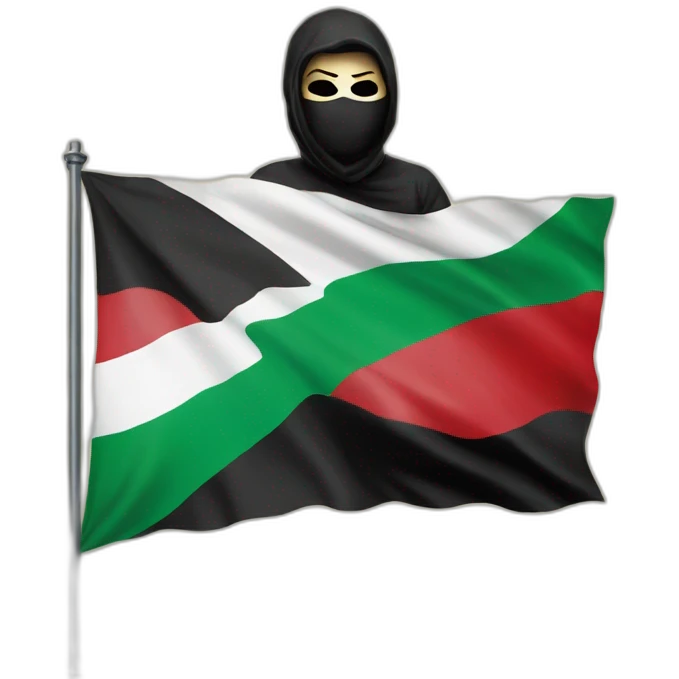 A masked man raises the Palestinian flag, with the words Free Palestine written on the flag  emoji