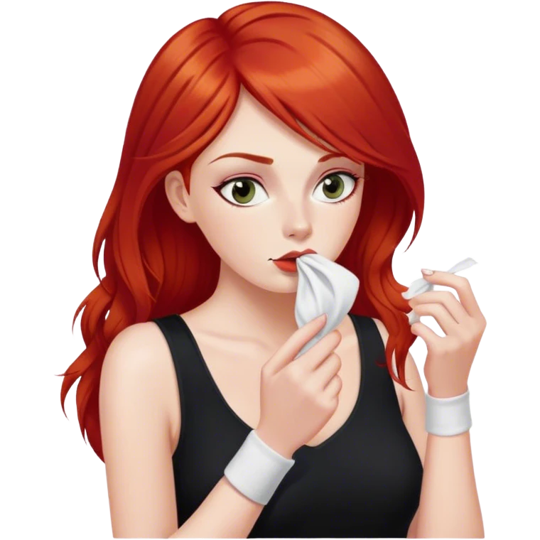 a woman with red hair and red eyes sniffing a white sock. The woman wear a black  dress emoji