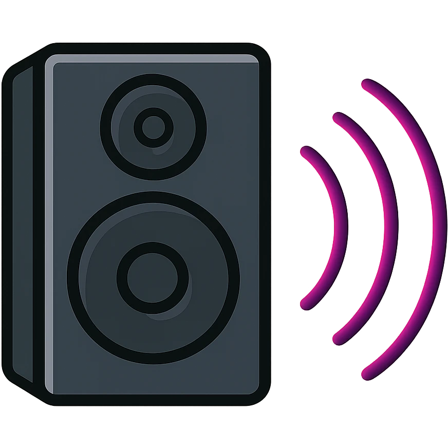 dark sleek metal speaker with subtle shine, sound waves in purple to pink gradient with neon effect emoji