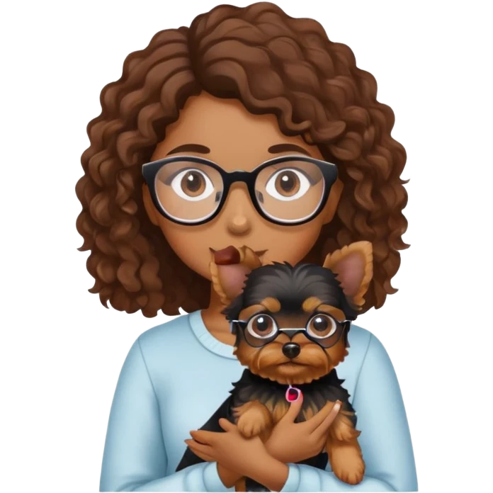 Young woman with brown curls and eyeglasses holding a small yorkie dog emoji