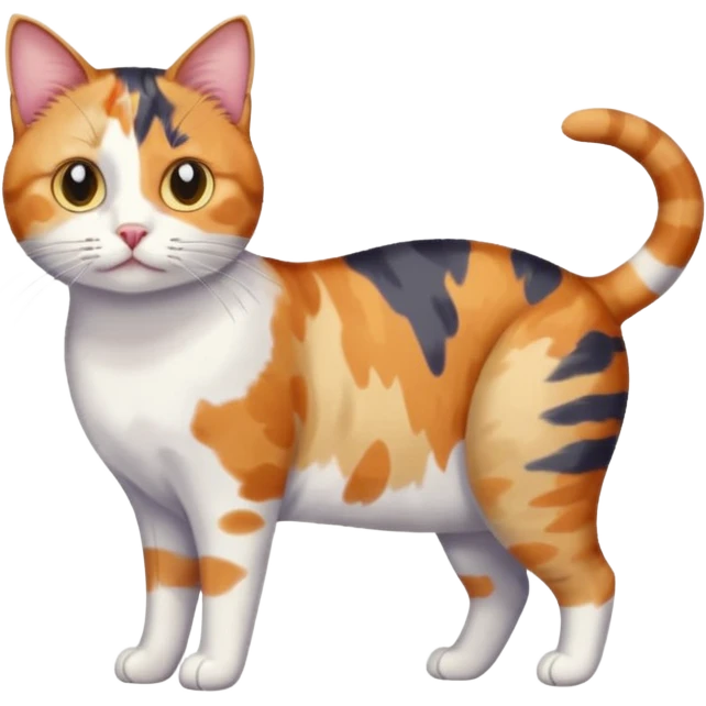 full body anxious looking colourful patchy calico tabby cat with tiny head to large body with fully white front legs emoji