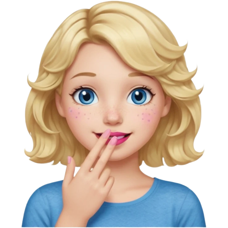 Girl Blonde short wavy hair,  blue eyes, cute blue top, long lashes, pink lips, smiling, hand covering the mouth emoji