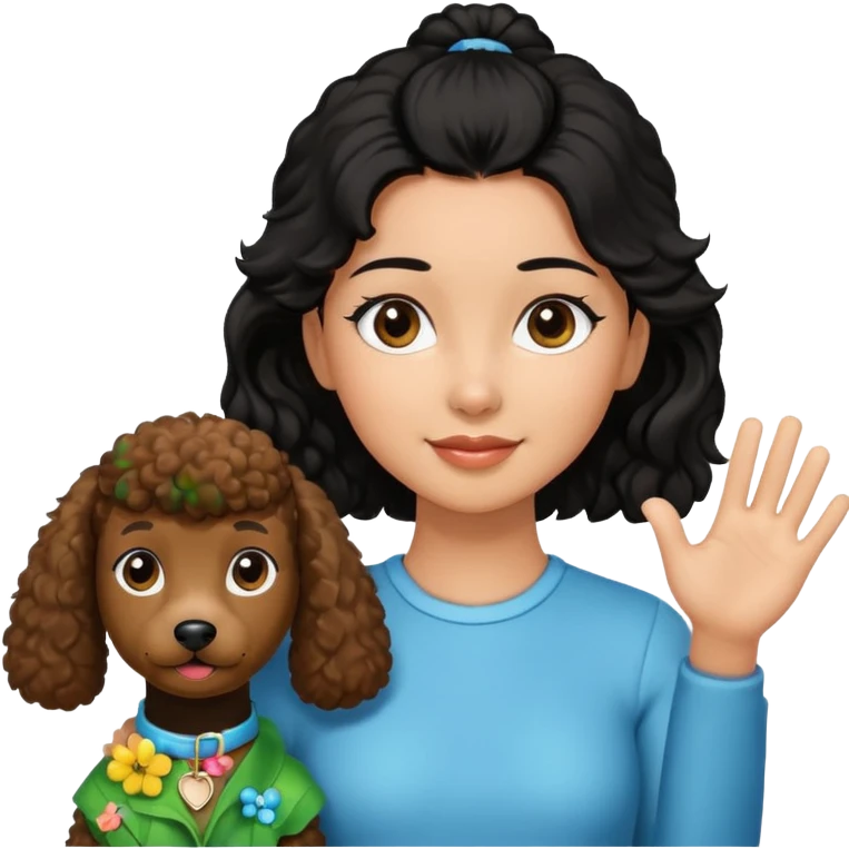 Ponytail black hair girl with brown Poodle say goodbye  emoji