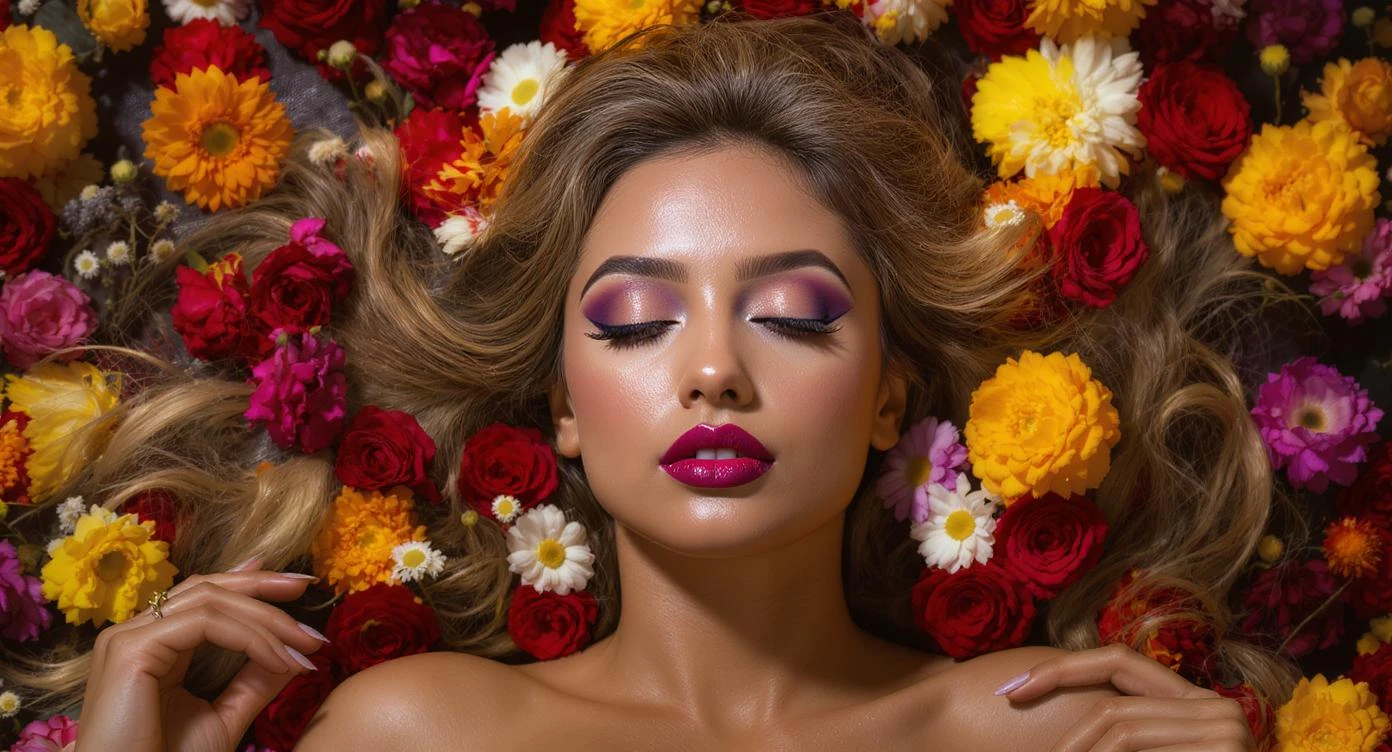 Camera drom top, Extreme Closeup photo of a beautifull woman lay around beautifull colorfull flowers, cinematic light, 8K, very detailed, sharp emoji