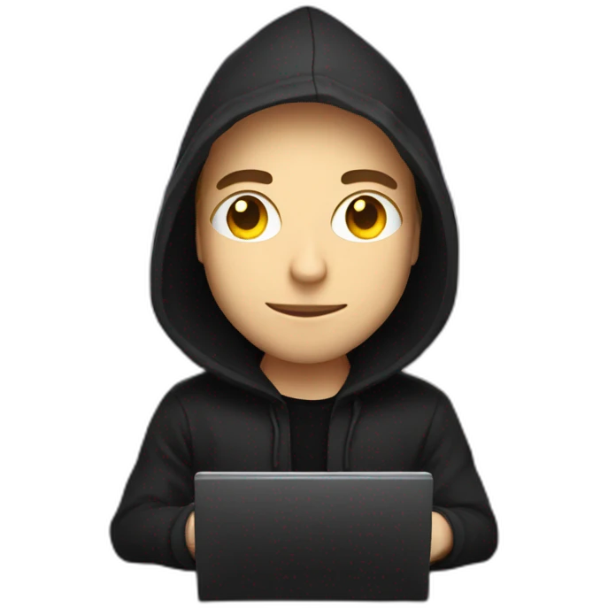 Young white developer with a black hood behind his laptop on a desktop emoji