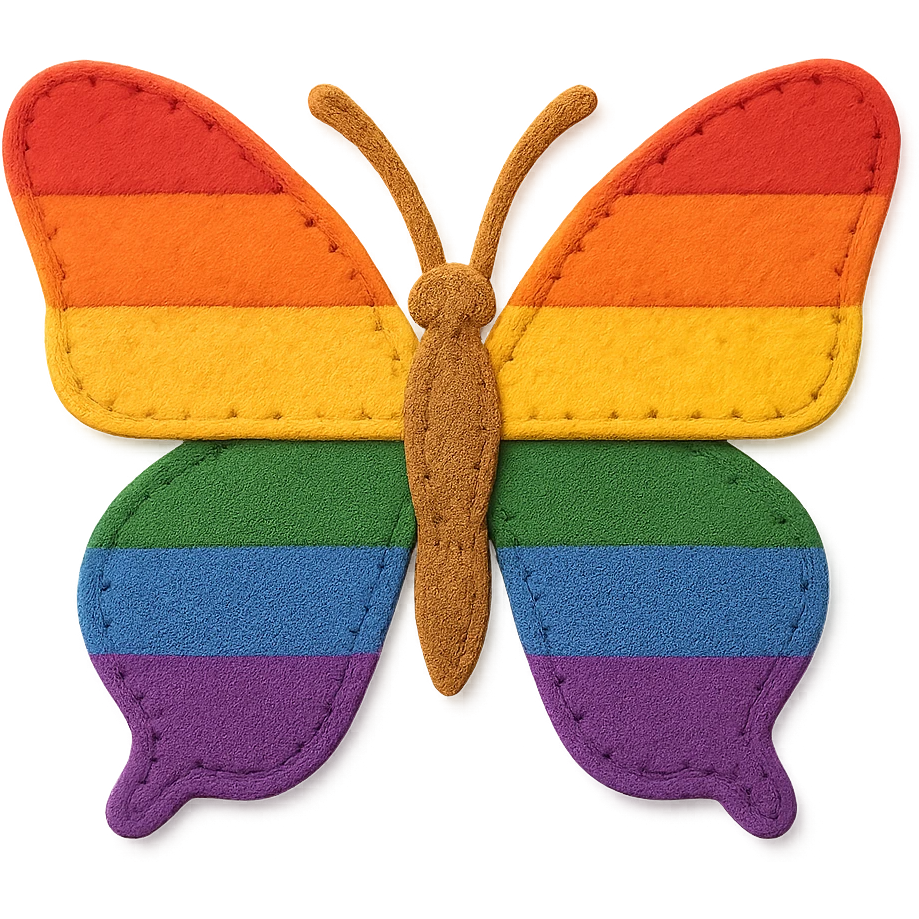 a butterfly in felt patch style, stitched edges, fabric texture, rainbow pride colors emoji