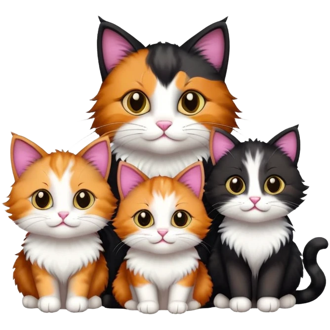 mama cat and papa cat with four happy kittens emoji
