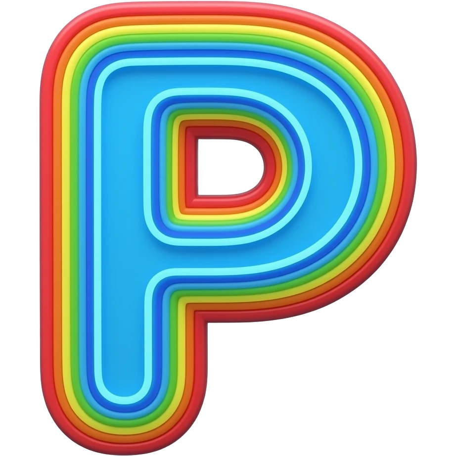 name "P" in neon blue, 3D style typography lettering, each color of the rainbow as a border outlined around each letter, isolated, 3d rendering, no emoji icons no emoji faces and must have no human figures emoji
