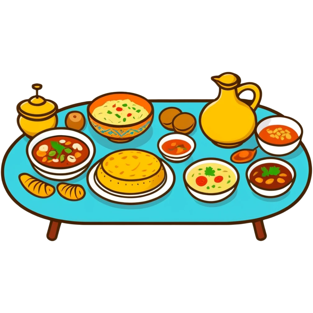 Steaming hot beshbarmak on a traditional dastarkhan, Kazakh feast table emoji
