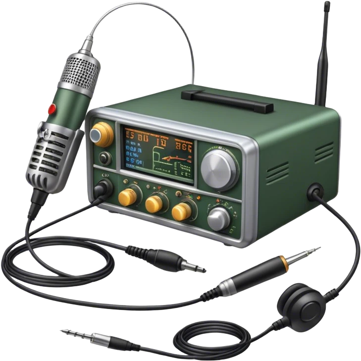 A photorealistic icon featuring a ham radio transceiver, headphones, microphone, antenna, and radio equipment like soldering tools and cables. The design includes detailed textures and realistic lighting, symbolizing the passion for amateur radio and communication. Transparent background. emoji