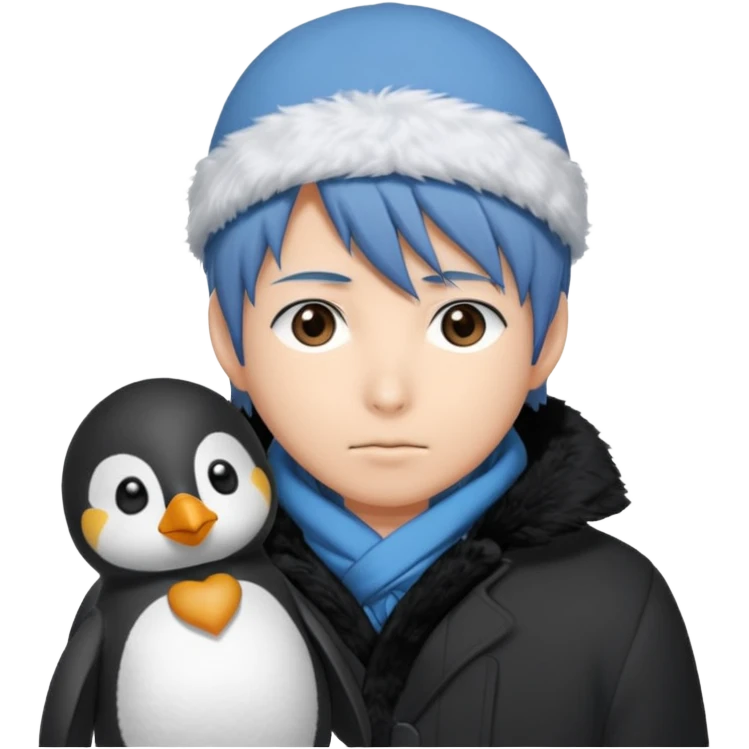 Winter penguin lying on Akashi Seijūrō’s shoulder with Akashi wearing winter clothes ans Akashi Seijuro from kuroko no basuke anime emoji