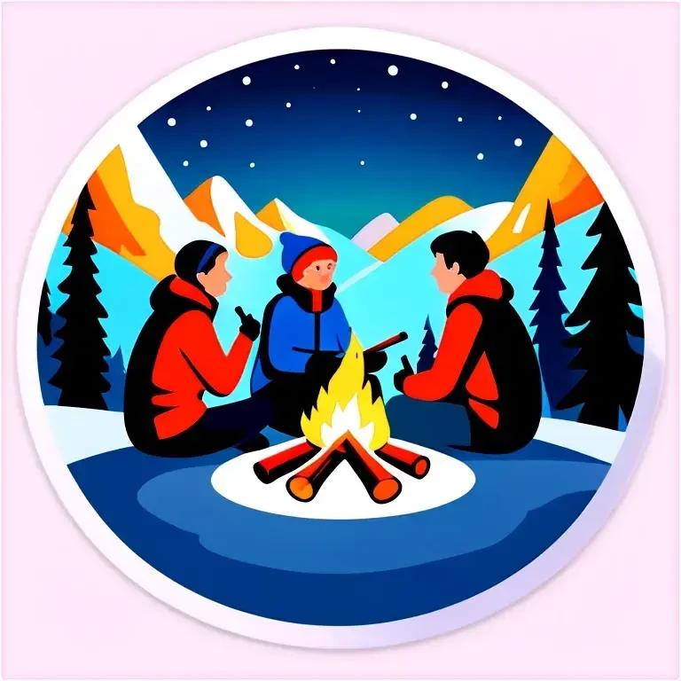 Drei Personen, Lagerfeuer in schneebedeckten Wald mit Nordlichtern am Himmel emoji