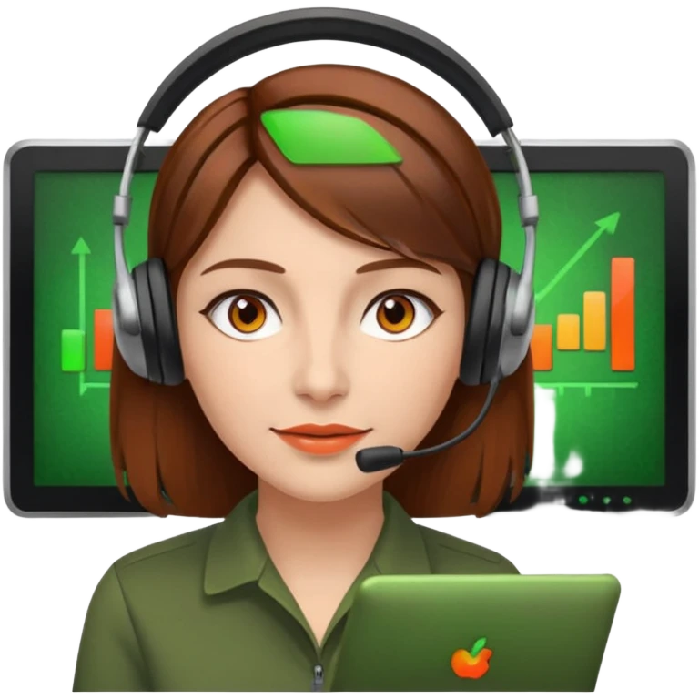 woman, brown hair, middle european, wearing a headset. she is controling limits on screen: green = ok, orange = bald überschritten, re = limite überschritten emoji