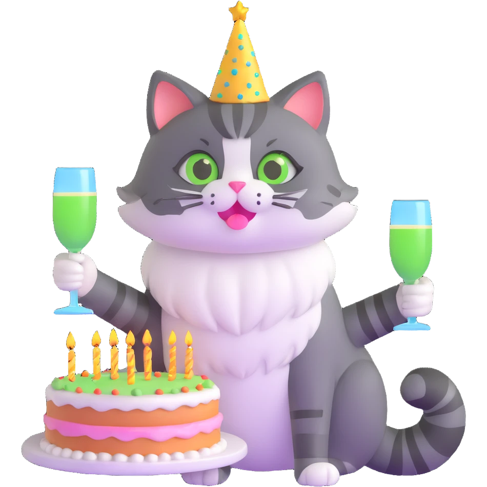 tricolor fluffy cat with big green eyes celebrating her birthday with a cake and champagne emoji