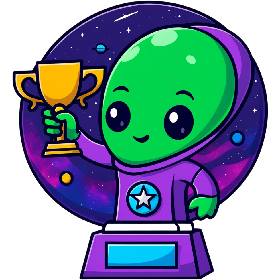 An alien trophy award with swirling cosmic colors, deep space nebula hues, and star patterns emoji