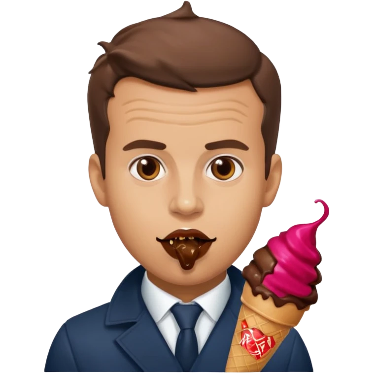 Emanuel macron avec une glace au chocolat et du chocolat autour de la bouche emoji