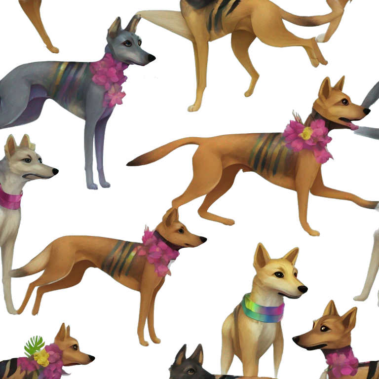 brindle brown black maroon striped lurcher Alsatian fox running blue eyes and iridescent holographic oilslick harness wearing paper iridescent tropical flower crown yellow caution tape emoji