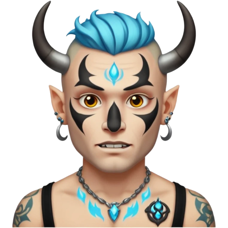 white skin Rock-style man — piercings, glowing tattoos on face, black horns emoji