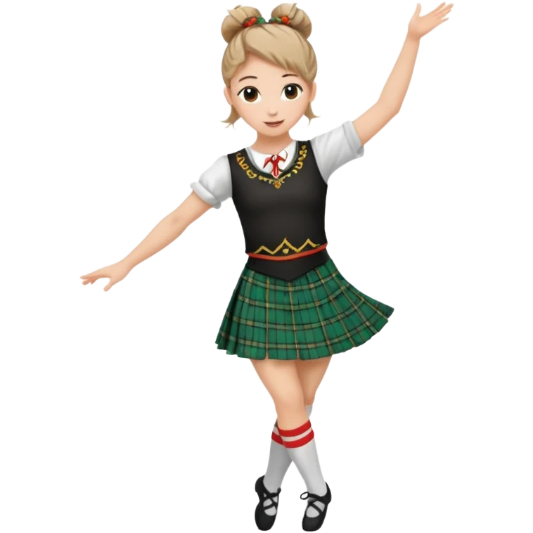 Female highland dancer with hair in bun wearing kilt and dancing emoji