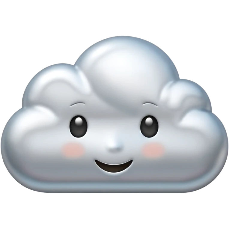 A cute cloud emoji made of silver chrome, smooth rounded shape, glossy metallic surface, soft reflections, minimal and friendly design, iOS emoji style, centered, clean white background, soft lighting emoji