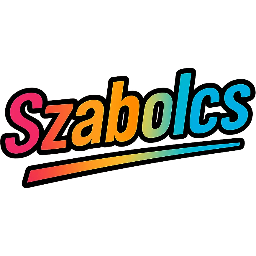 modern colorful gradient typography of the name Szabolcs with dark outline, dynamic slanted or partial underline, transparent background, in the style of reference patterns emoji