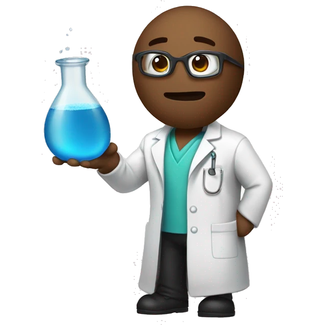a poop emoij wearing a lab coat and holding a beaker emoji