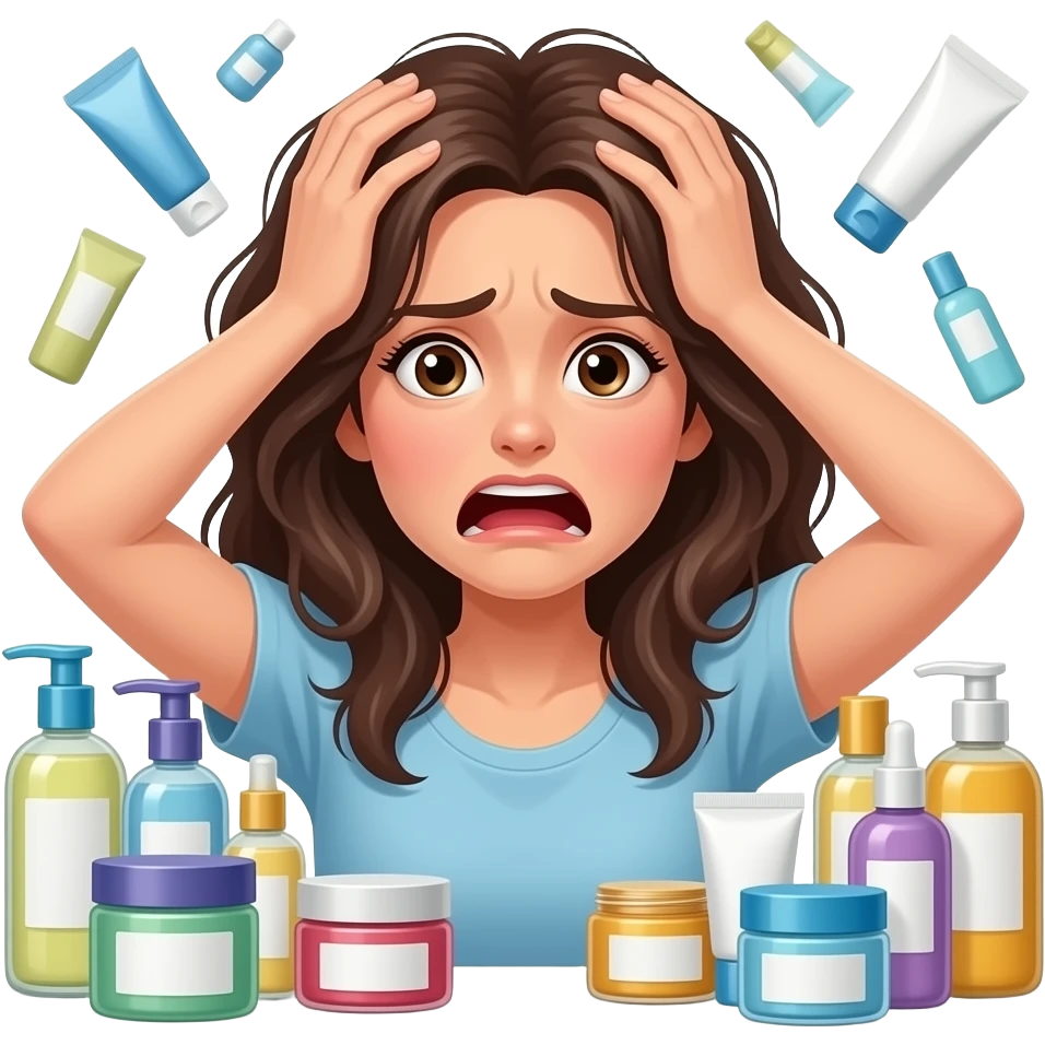 skincare information overload woman with products emoji