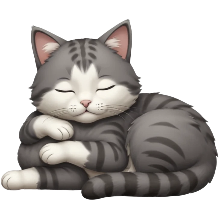 dark grey and white small cat with closed eyes, leaning his head on his paw while leaning on his elbow lying down emoji