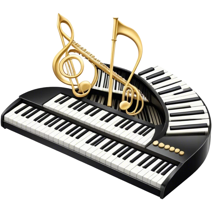 Create an elegant and festive emoji collage representing keyboard instruments, styled like a heraldic emblem. The design should feature a central focal point of black and white piano keys, arranged in a semi-circular or shield-like shape. Around the piano keys, add intertwining musical notes that form flowing ribbons, creating a dynamic and celebratory atmosphere. The design should be professional, with polished silver and gold accents on the keys and notes, highlighting the luxury and sophistication of the instruments. Add subtle shading and lighting effects to give the design a refined, 3D appearance. The background should remain transparent, and the overall feel should evoke grandeur, artistry, and a sense of celebration. emoji