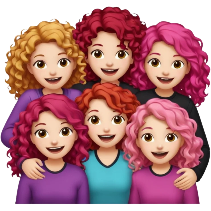 5 girls  curly redhead, one with brunette dyed blonde hair, one long haired wavy brunette, one mid-length haired brunette, and one black haired girl with partially dyed bright red/pink hair emoji